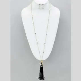 Black Tassel and Crystal Gold Chain Long Necklace