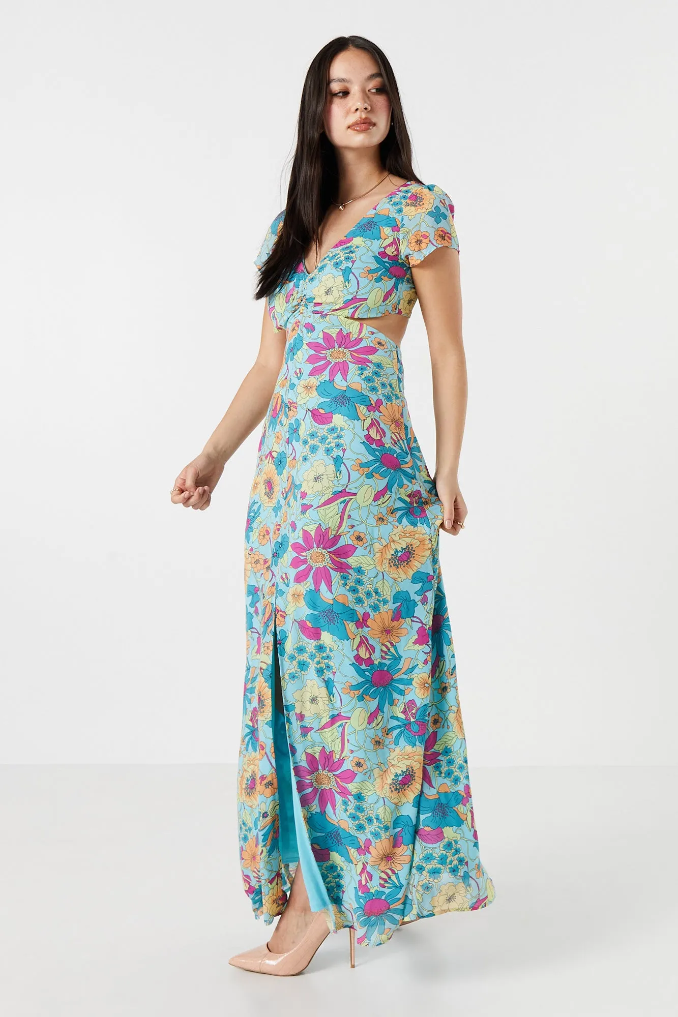 Blue Floral V-Neck Cut-Out Maxi Dress