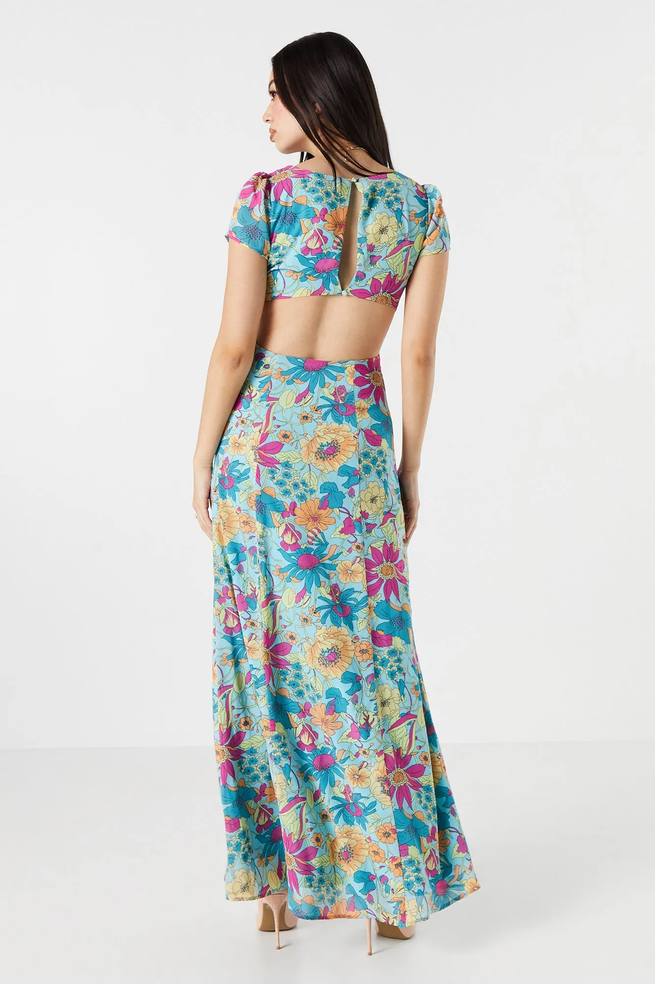 Blue Floral V-Neck Cut-Out Maxi Dress