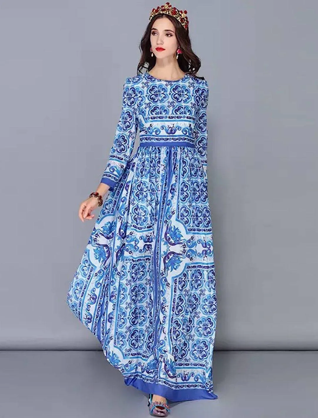 Blue White Porcelain Print Long Chiffon Dress