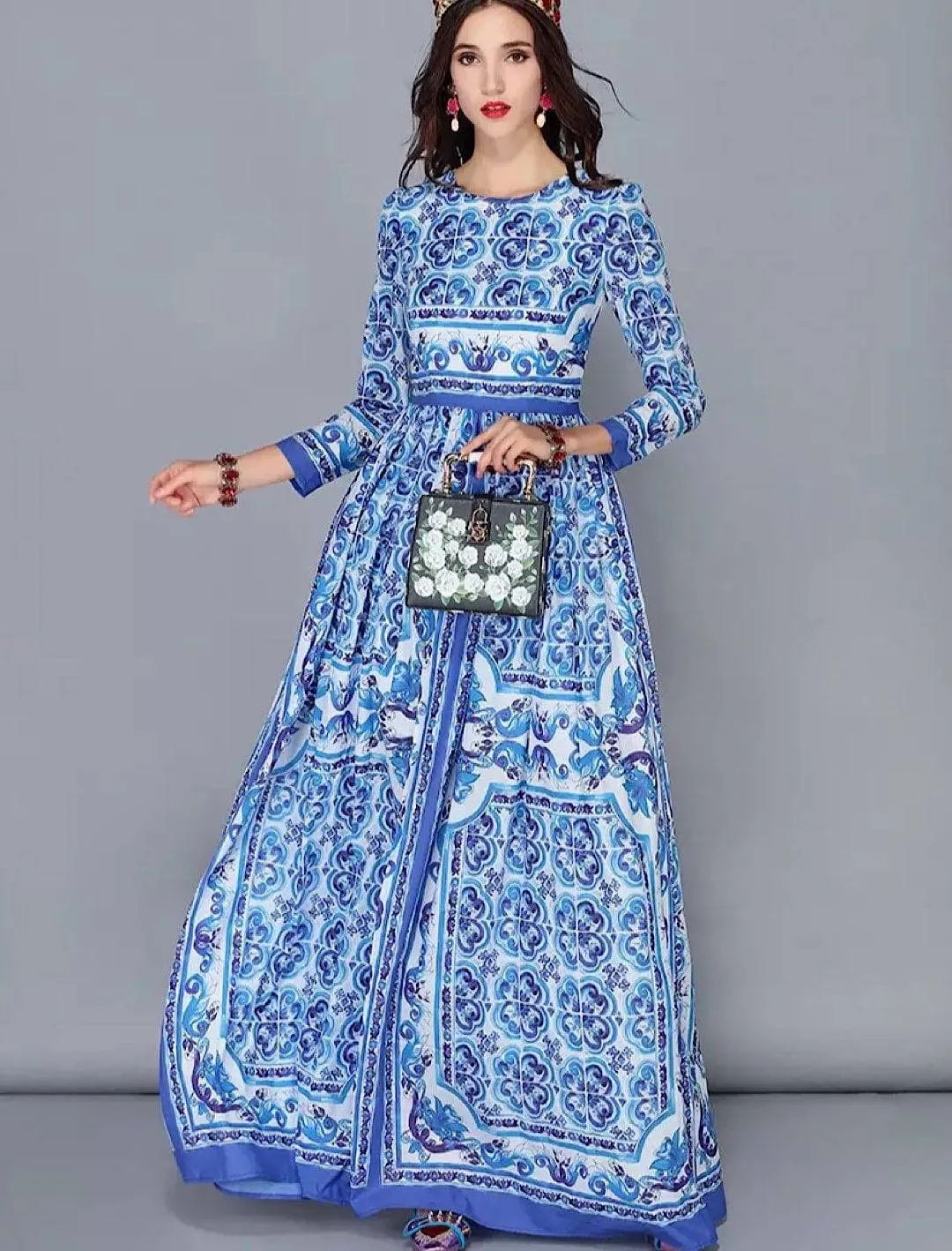 Blue White Porcelain Print Long Chiffon Dress