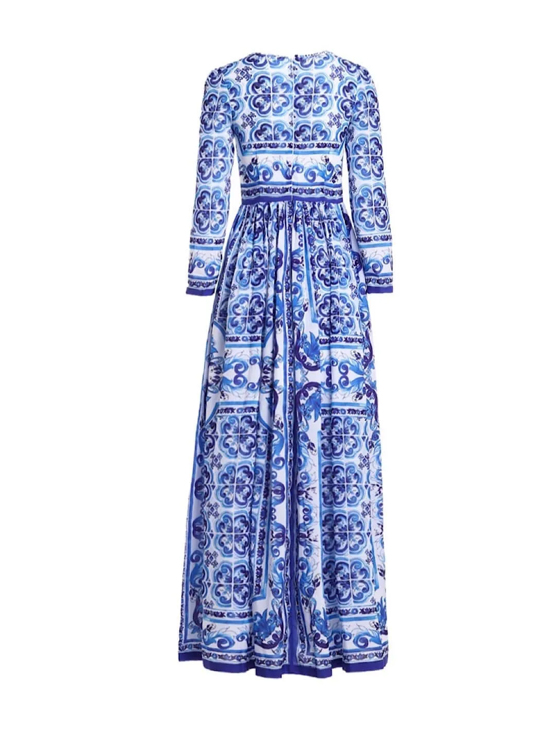 Blue White Porcelain Print Long Chiffon Dress