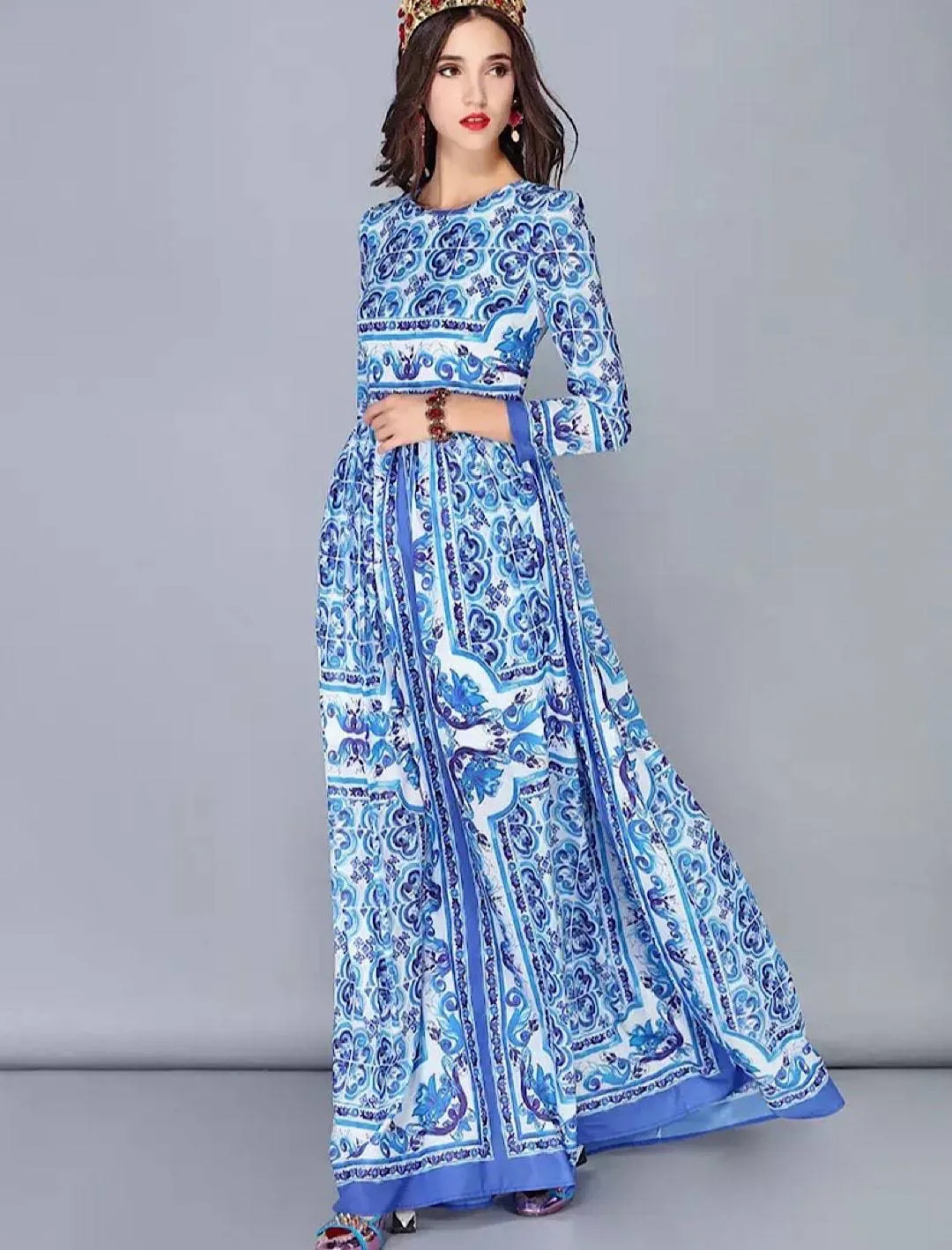 Blue White Porcelain Print Long Chiffon Dress