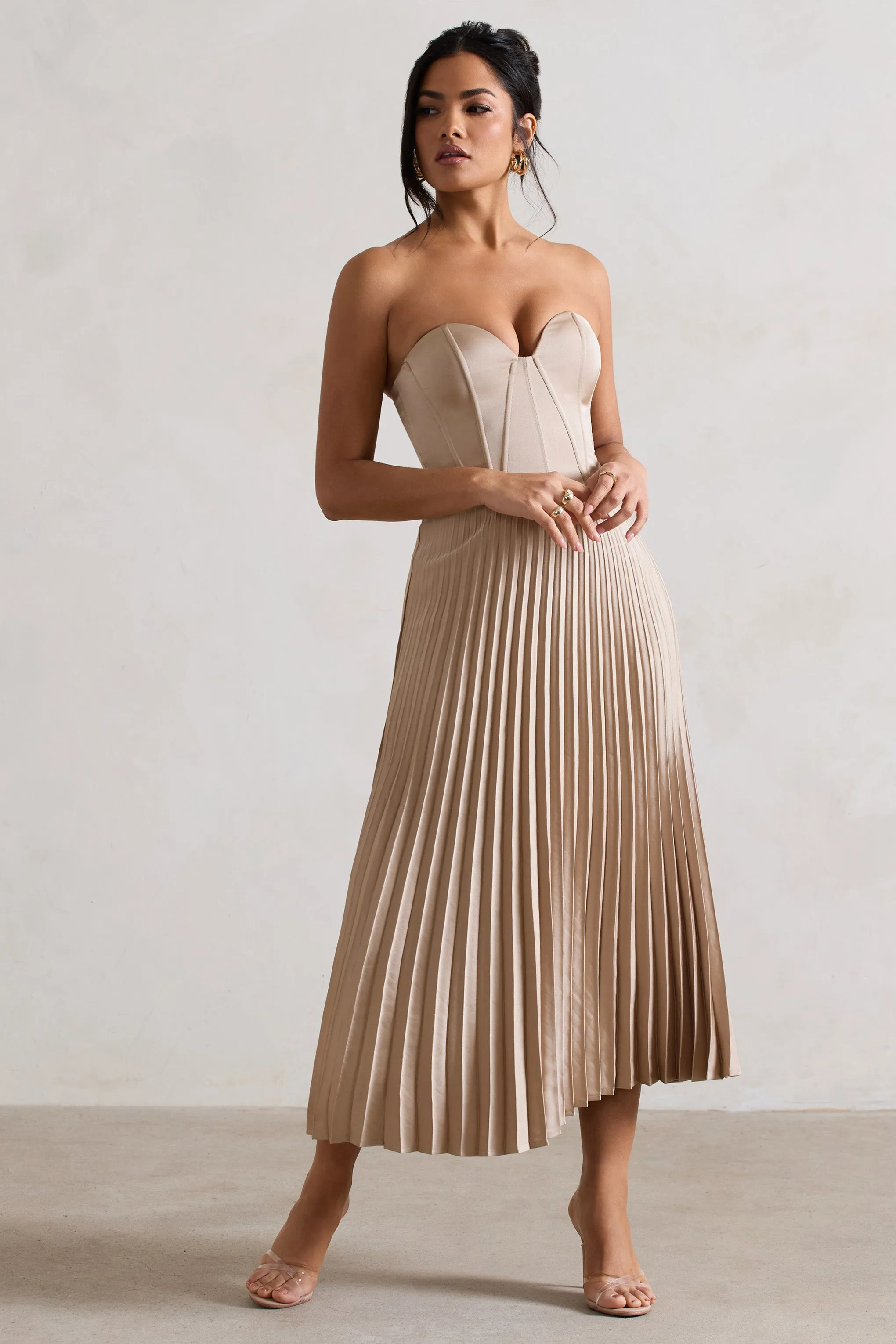 Bordeaux | Champagne Satin Corset Style Midi Dress