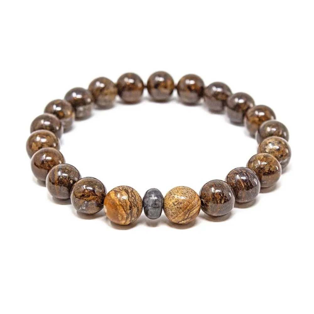 Bronzite and Larvikite Bead Men's Stretch Bracelet