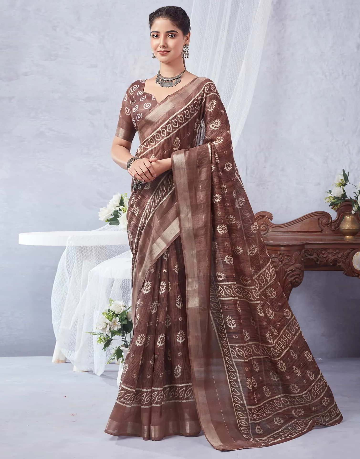 Brown Printed Cotton Saree