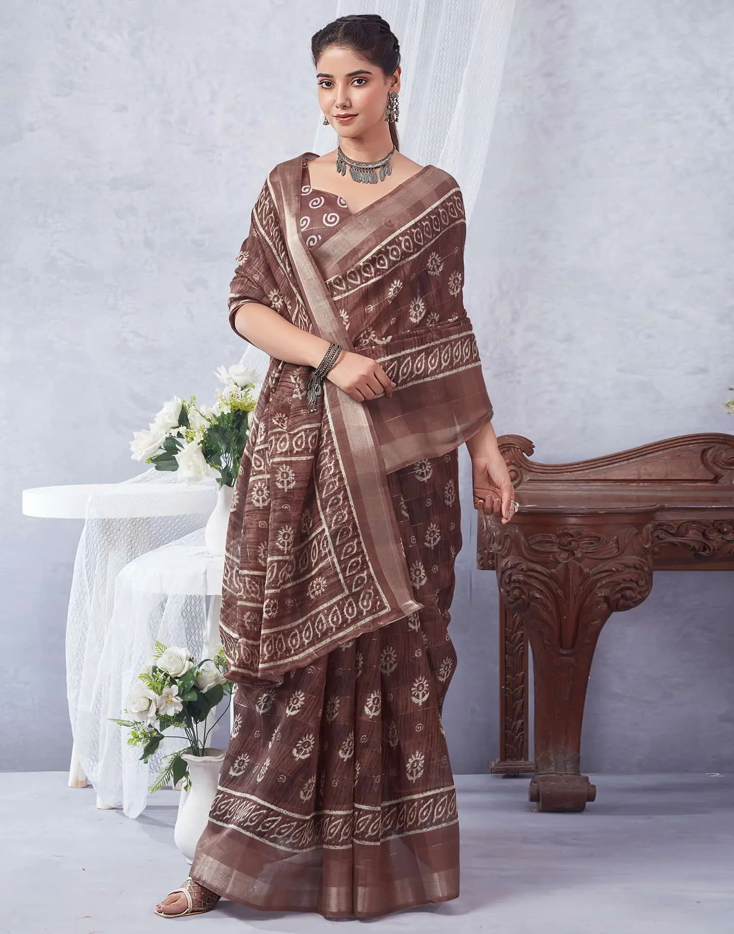 Brown Printed Cotton Saree