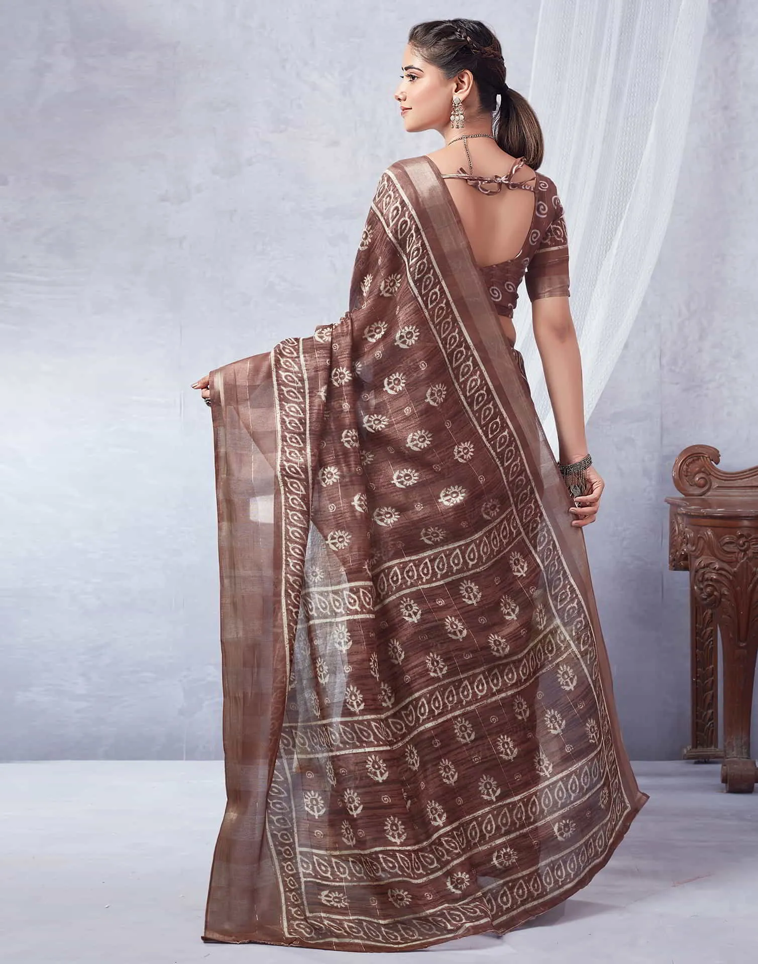 Brown Printed Cotton Saree