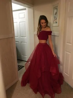 Burgundy Off Shoulders Long Two Piece 8th Grade Prom Dresses