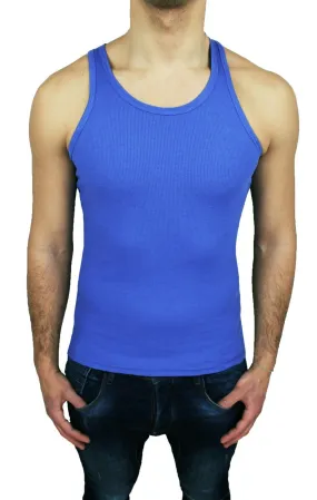 CANOTTA UOMO SLIM FIT SUPER ADERENTE BLU T-SHIRT CANOTTIERA PALESTRA