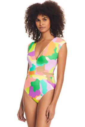 Cap Sleeve Plunging One Piece Swimsuit 