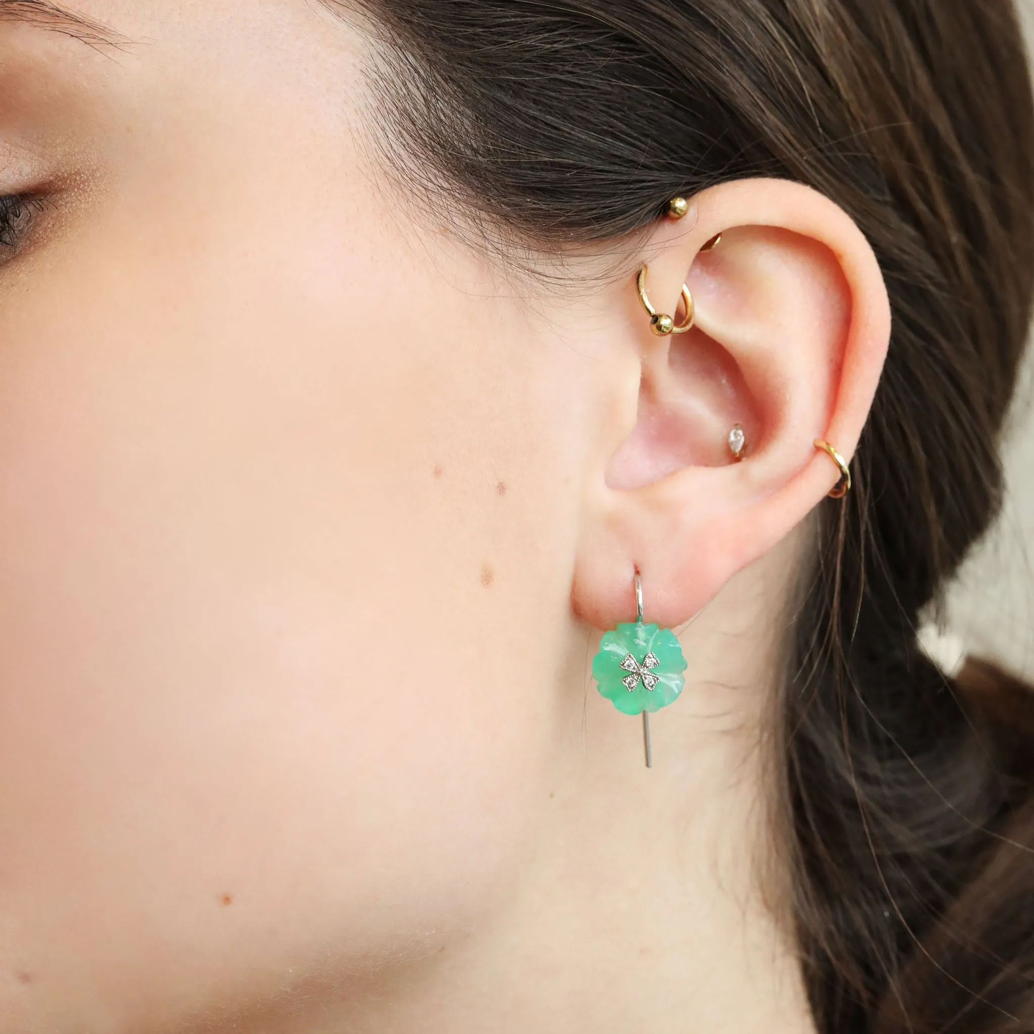 Carved Chrysoprase Wildflower Earrings with Platinum & Diamond Overlay