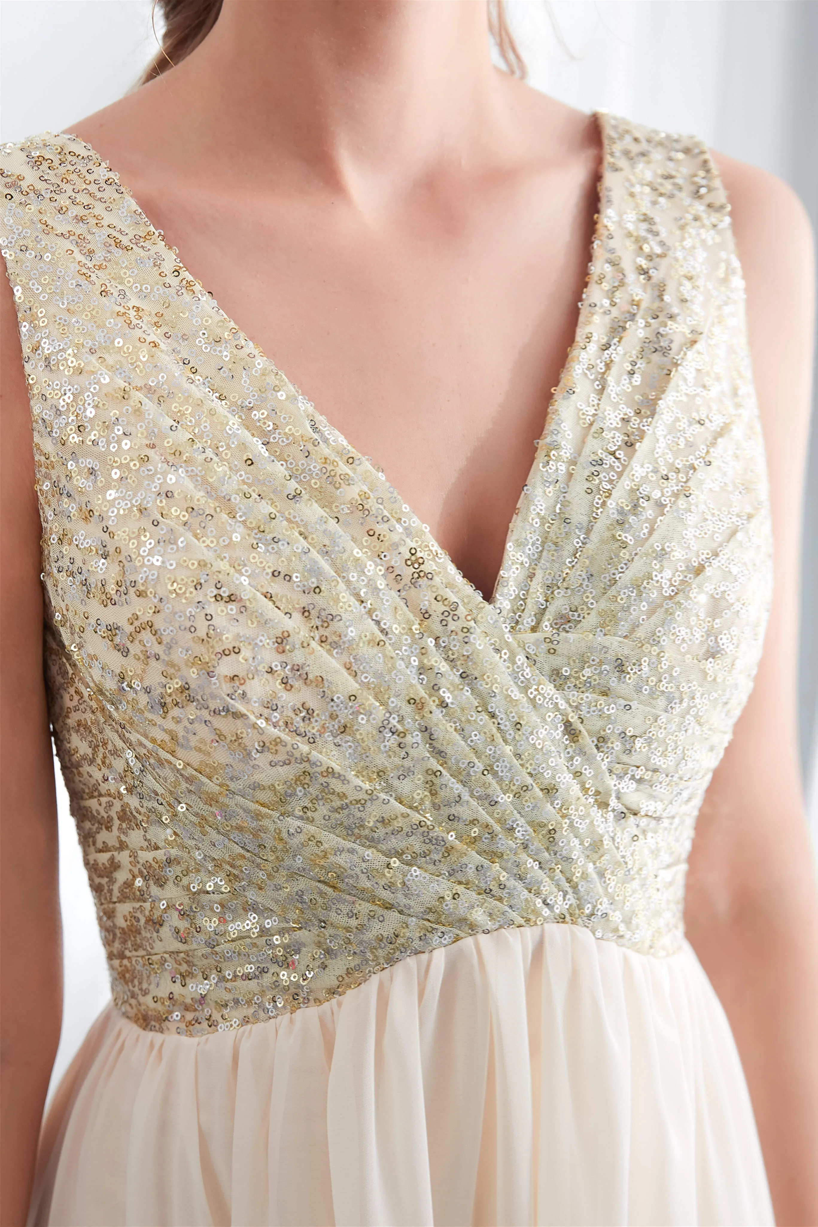 Champagne Chiffon Backless Long Prom Dresses with Sequins