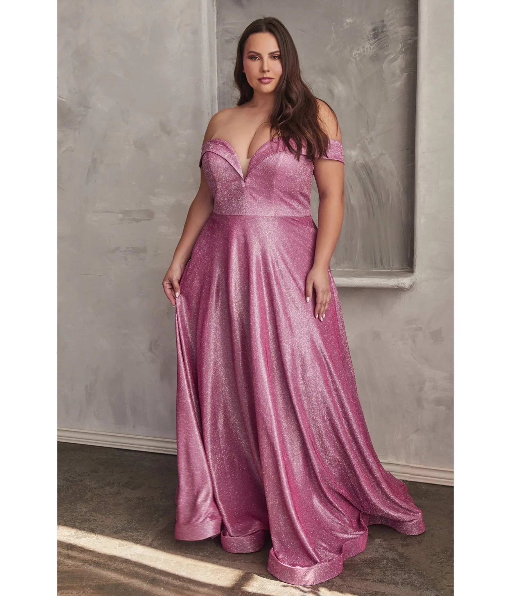 Cinderella Divine Plus Size Metallic Rose Off The Shoulder Bridesmaid Gown