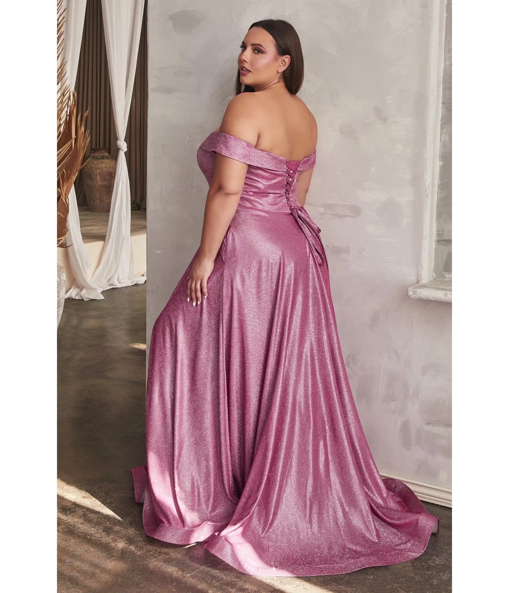 Cinderella Divine Plus Size Metallic Rose Off The Shoulder Bridesmaid Gown