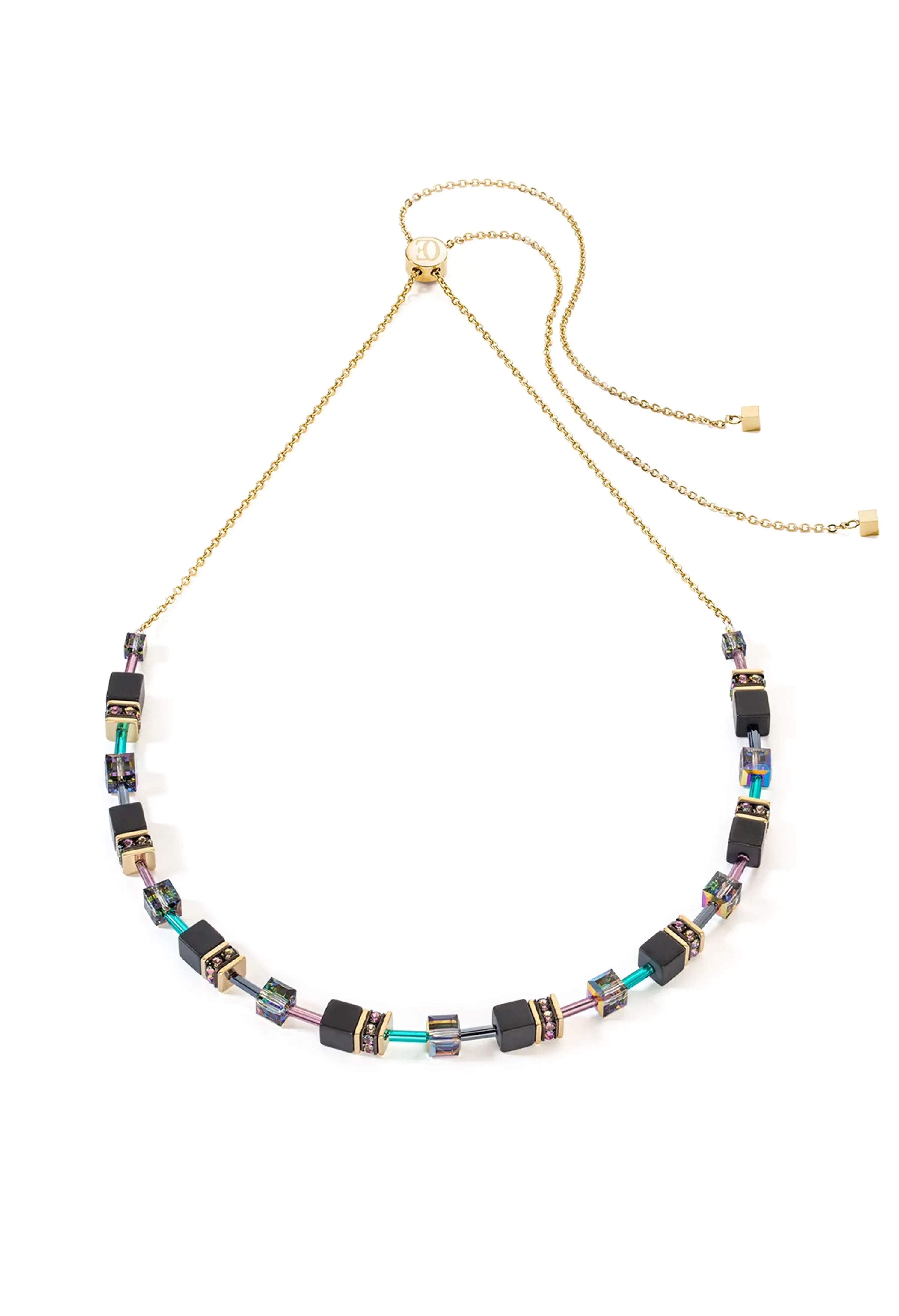 Coeur De Lion GeoCube Irredescent & Onyx Necklace Gold Plated