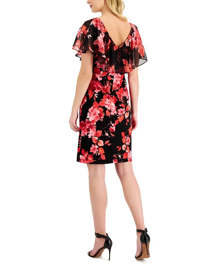 Connected Women's Floral Print Cape Dress Black Size 4