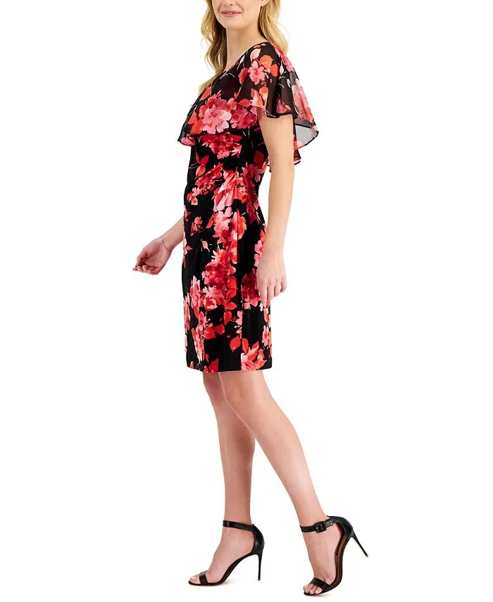 Connected Women's Floral Print Cape Dress Black Size 4