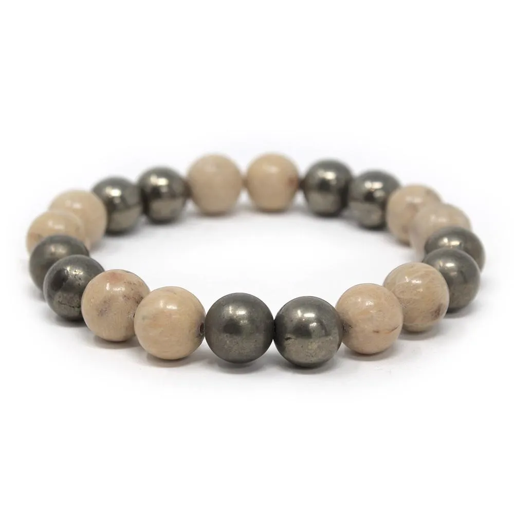 Coral Fossil and Pyrite Bead Men's Stretch Bracelet