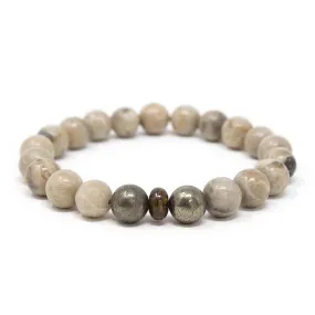 Coral Fossil, Pyrite, Bronzite Bead Men's Stretch Bracelet