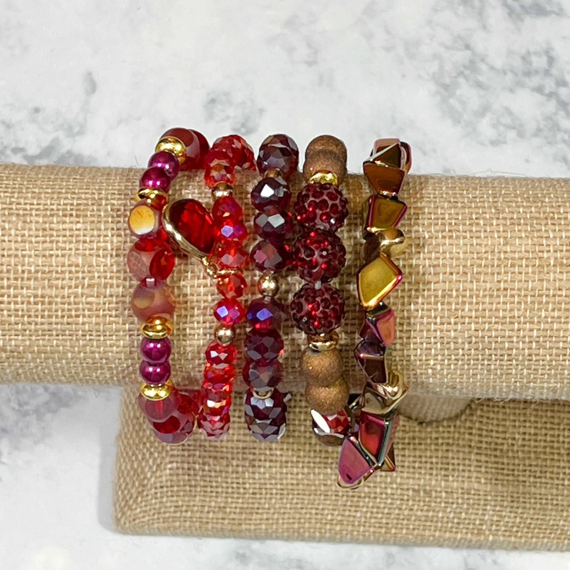 Cranberry Sizzle Beaded Bracelet Stack