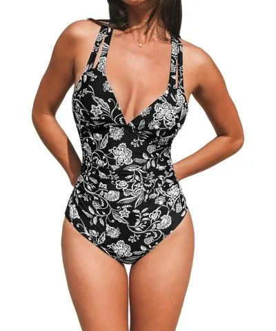 Cupshe Women's Tummy Control Double Straps Crisscross Back Tie One Piece Swimsuit