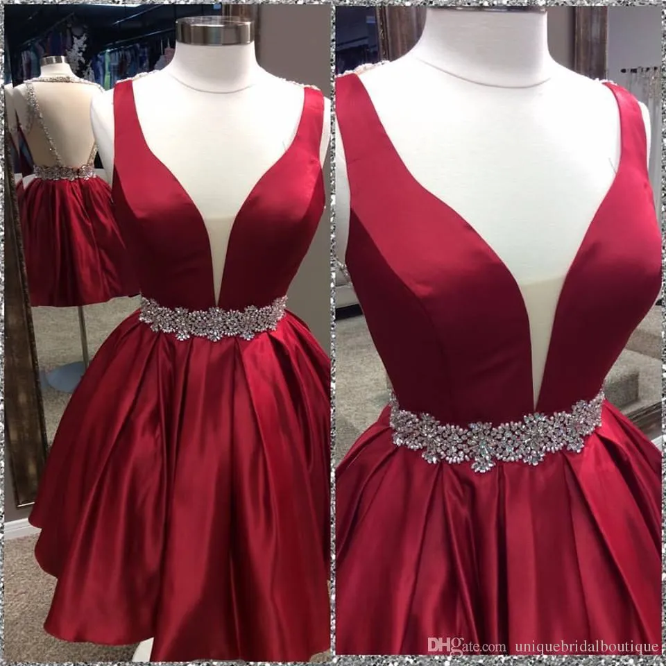 Deep V Neck Sleeveless Burgundy Pleated Satin Backless Homecoming Dresses