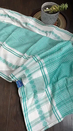 Dhonekhali Cotton Saree - Off-White Sea Green