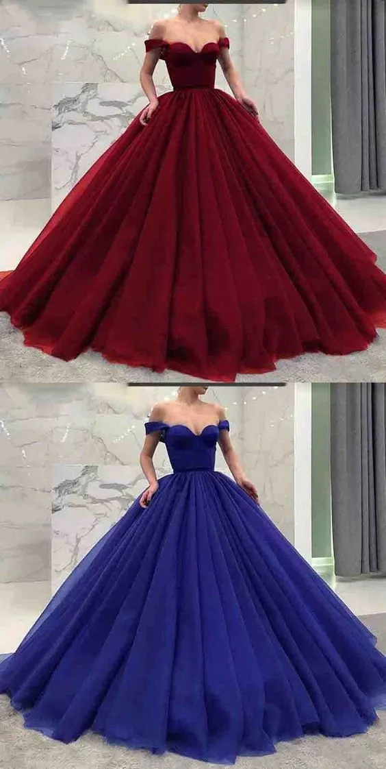 Disney Ball Gown Off Shoulder Tulle Quinceanera Maroon Prom Dresses