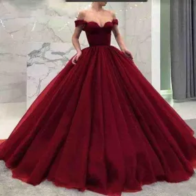 Disney Ball Gown Off Shoulder Tulle Quinceanera Maroon Prom Dresses