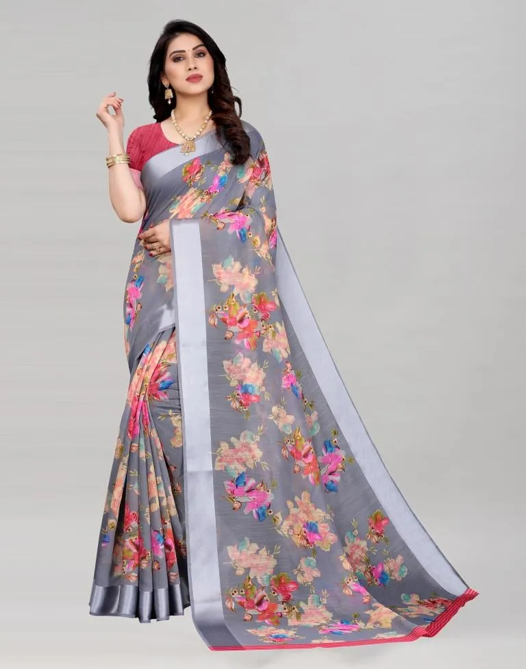 Distinctive Grey Cotton Saree