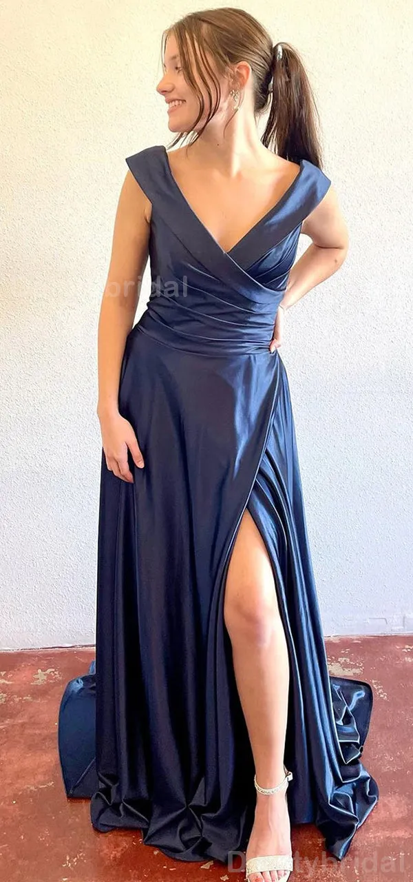 Elegant A-line V-neck Side Slit Satin Long Dark Navy Evening Prom Dress Online, OL083