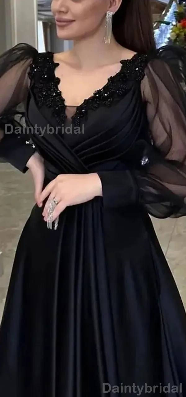 Elegant Long Sleeves A-line V-neck Satin Black Long Evening Prom Dress Online, OL092