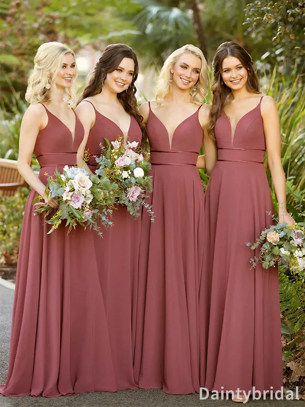 Elegant Spaghetti Straps V-neck A-line Chiffon Long Bridesmaid Dress, BG252