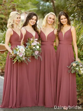 Elegant Spaghetti Straps V-neck A-line Chiffon Long Bridesmaid Dress, BG252