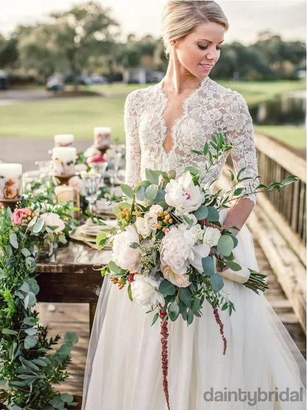 Elegant V-Neck 3/4 Sleeves A-Line Wedding Dresses With Train.DB10069