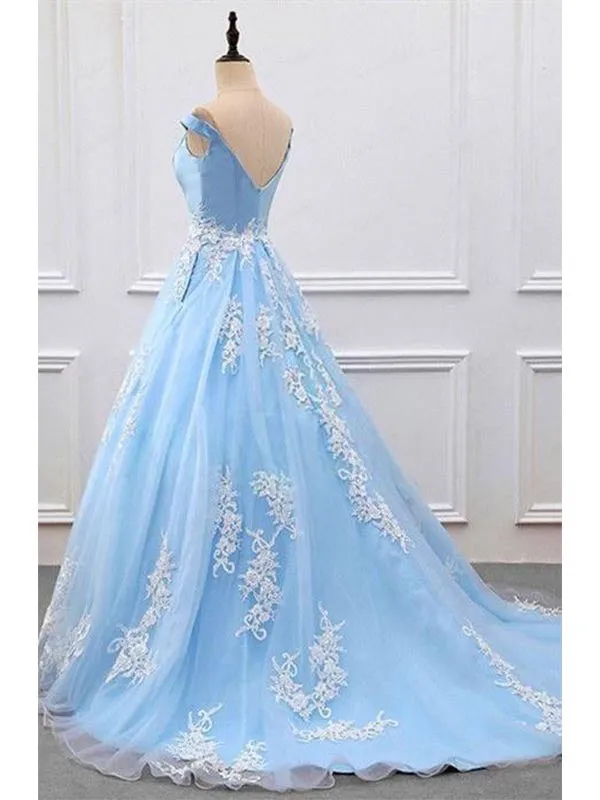 Elegant V-neck A-line Applique Long Prom Dress Evening Dress, OL622