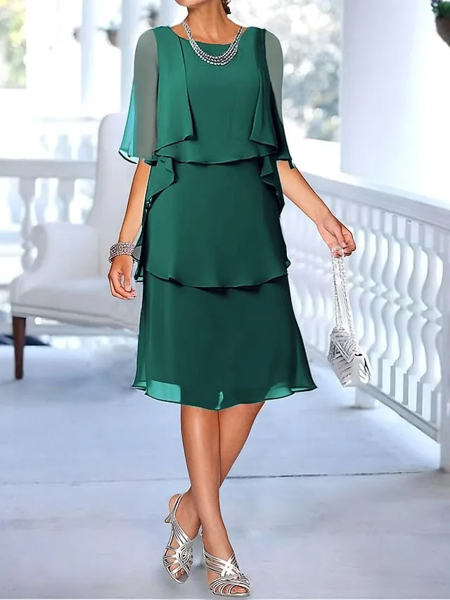 Elegant Women's Chiffon Midi Dress with Half Sleeves and Ruffle Details