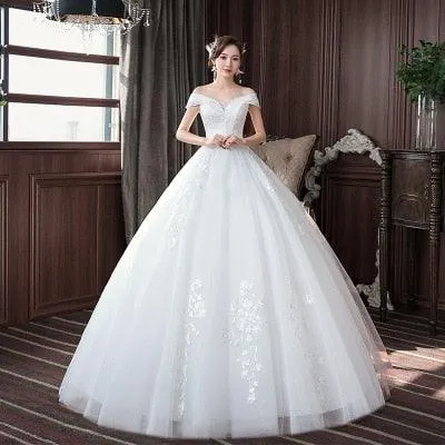 Embroidered Lace on Net Boat Neck Lace up Wedding Dress