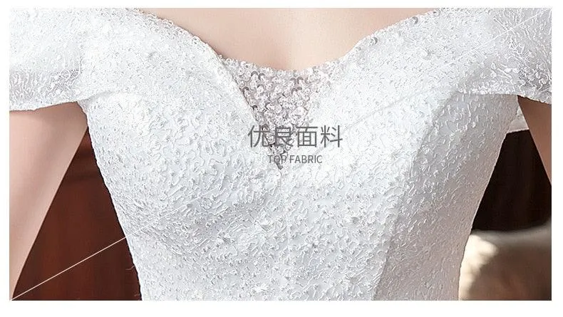 Embroidered Lace on Net Boat Neck Lace up Wedding Dress