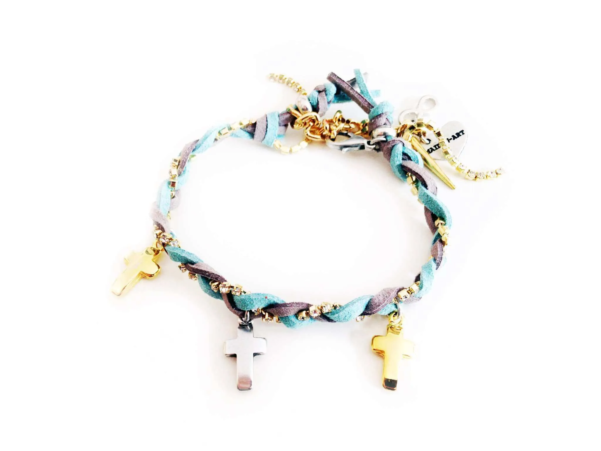 Friendship bracelet with golden crosses, colorful suede ribbons and rhinestones. Coachella bracelets, Boho chic bracelets, hippi