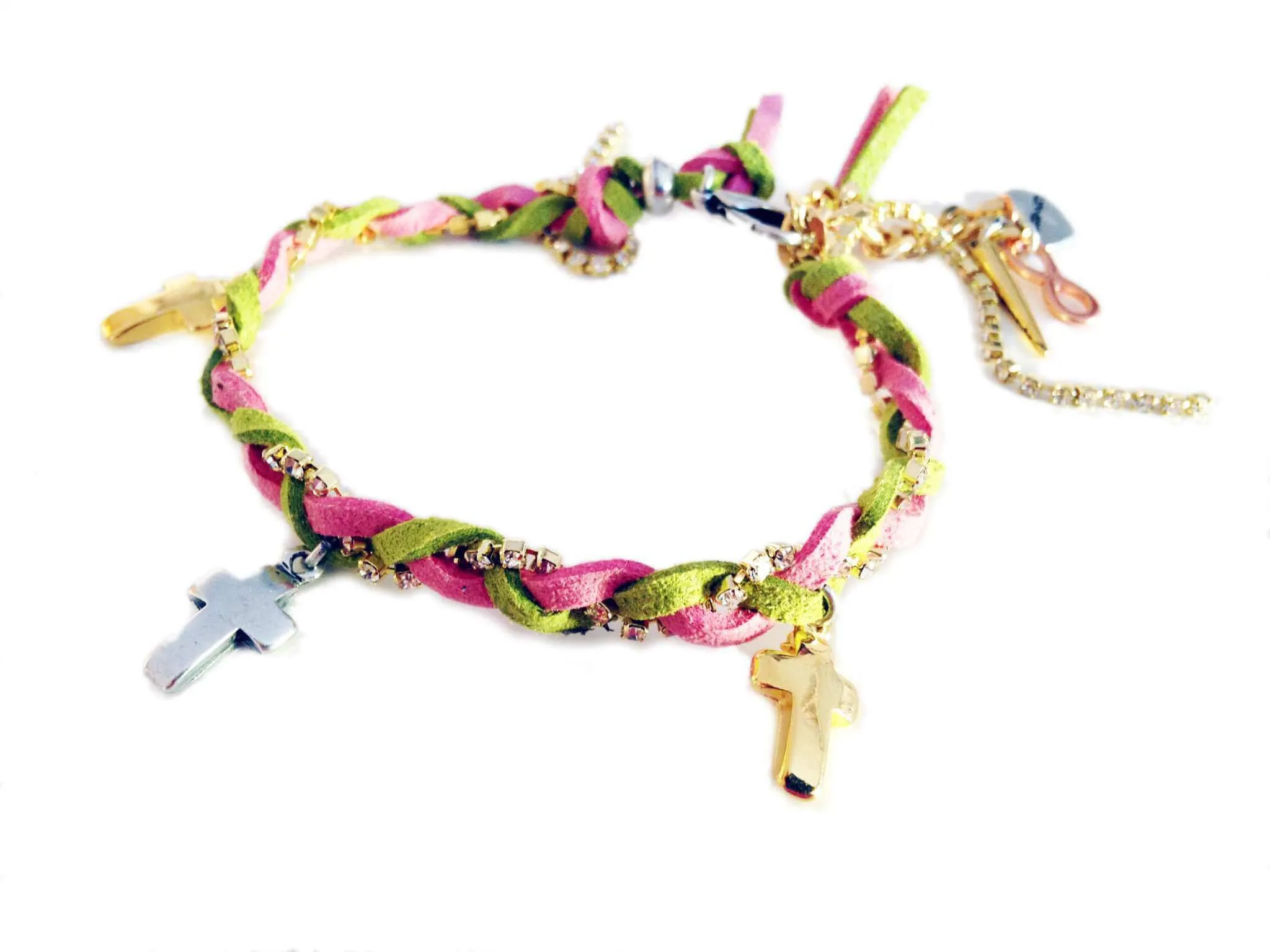 Friendship bracelet with golden crosses, colorful suede ribbons and rhinestones. Coachella bracelets, Boho chic bracelets, hippi