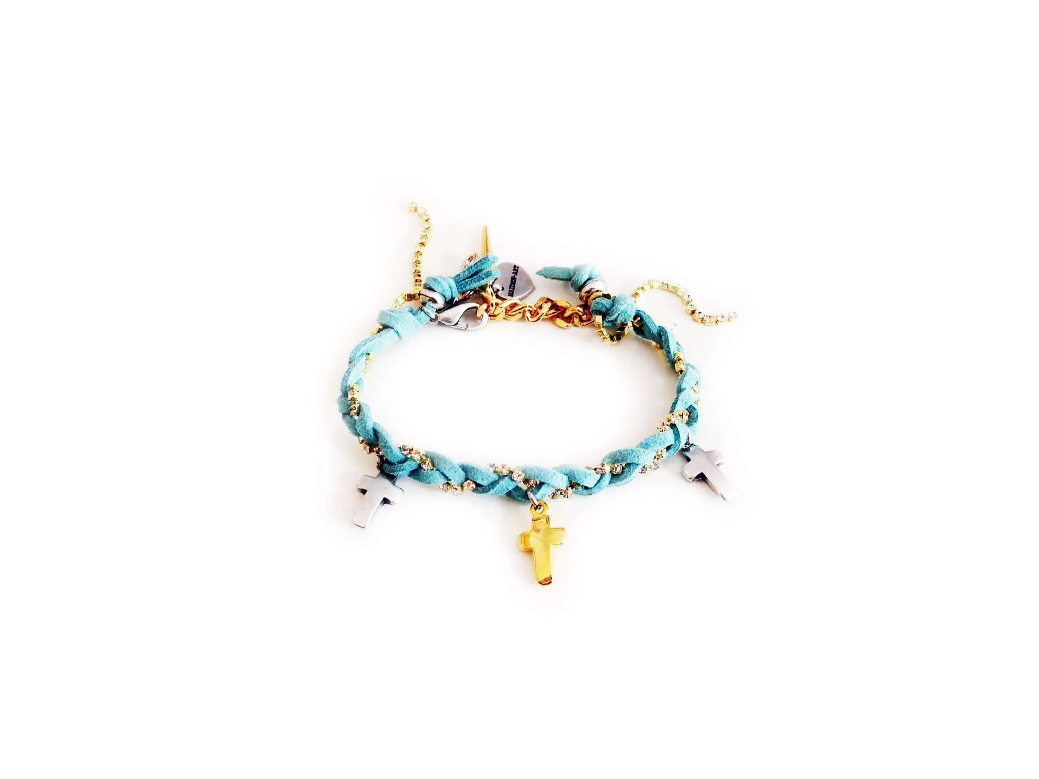 Friendship bracelet with golden crosses, colorful suede ribbons and rhinestones. Coachella bracelets, Boho chic bracelets, hippi