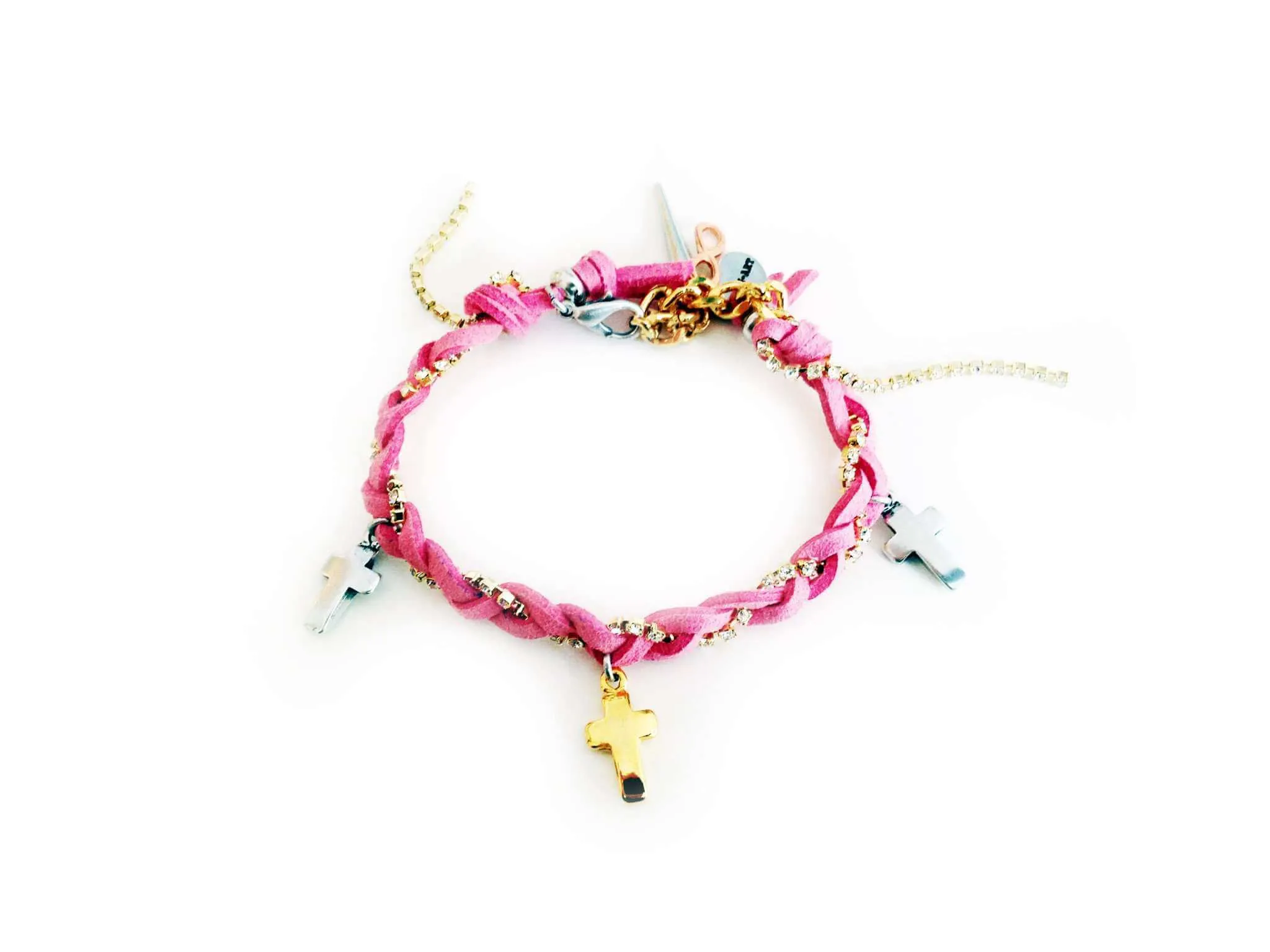 Friendship bracelet with golden crosses, colorful suede ribbons and rhinestones. Coachella bracelets, Boho chic bracelets, hippi