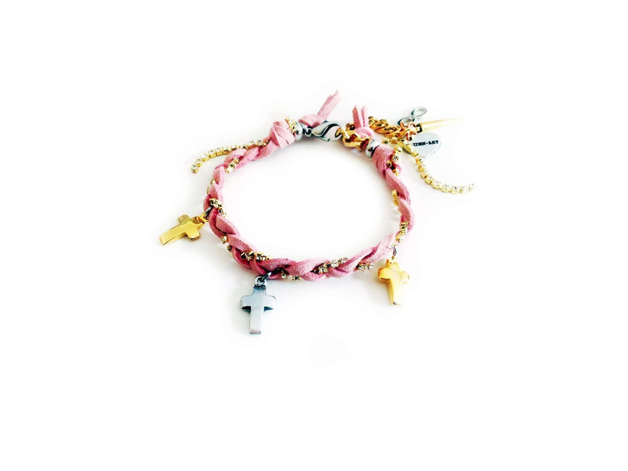 Friendship bracelet with golden crosses, colorful suede ribbons and rhinestones. Coachella bracelets, Boho chic bracelets, hippi