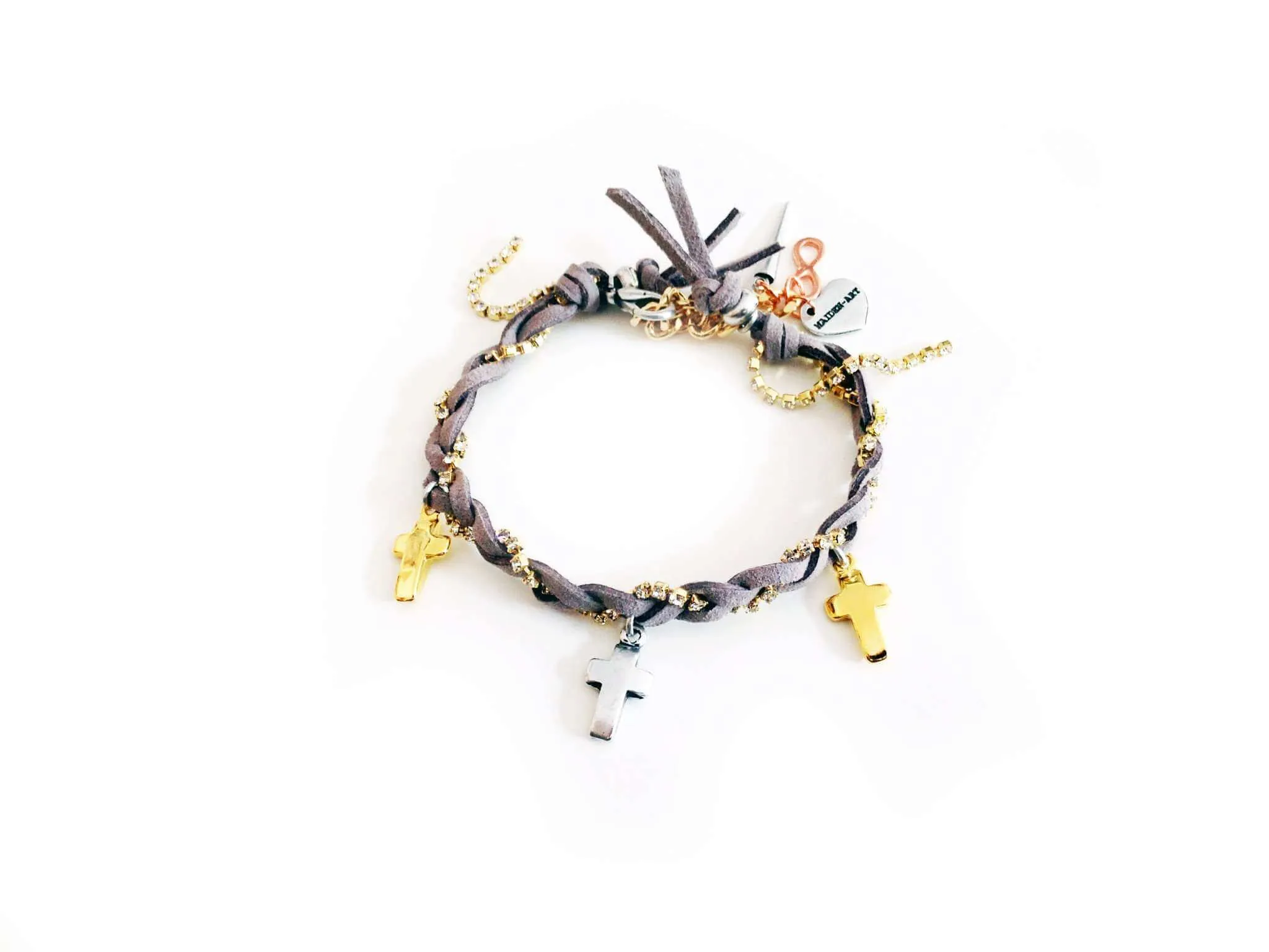 Friendship bracelet with golden crosses, colorful suede ribbons and rhinestones. Coachella bracelets, Boho chic bracelets, hippi