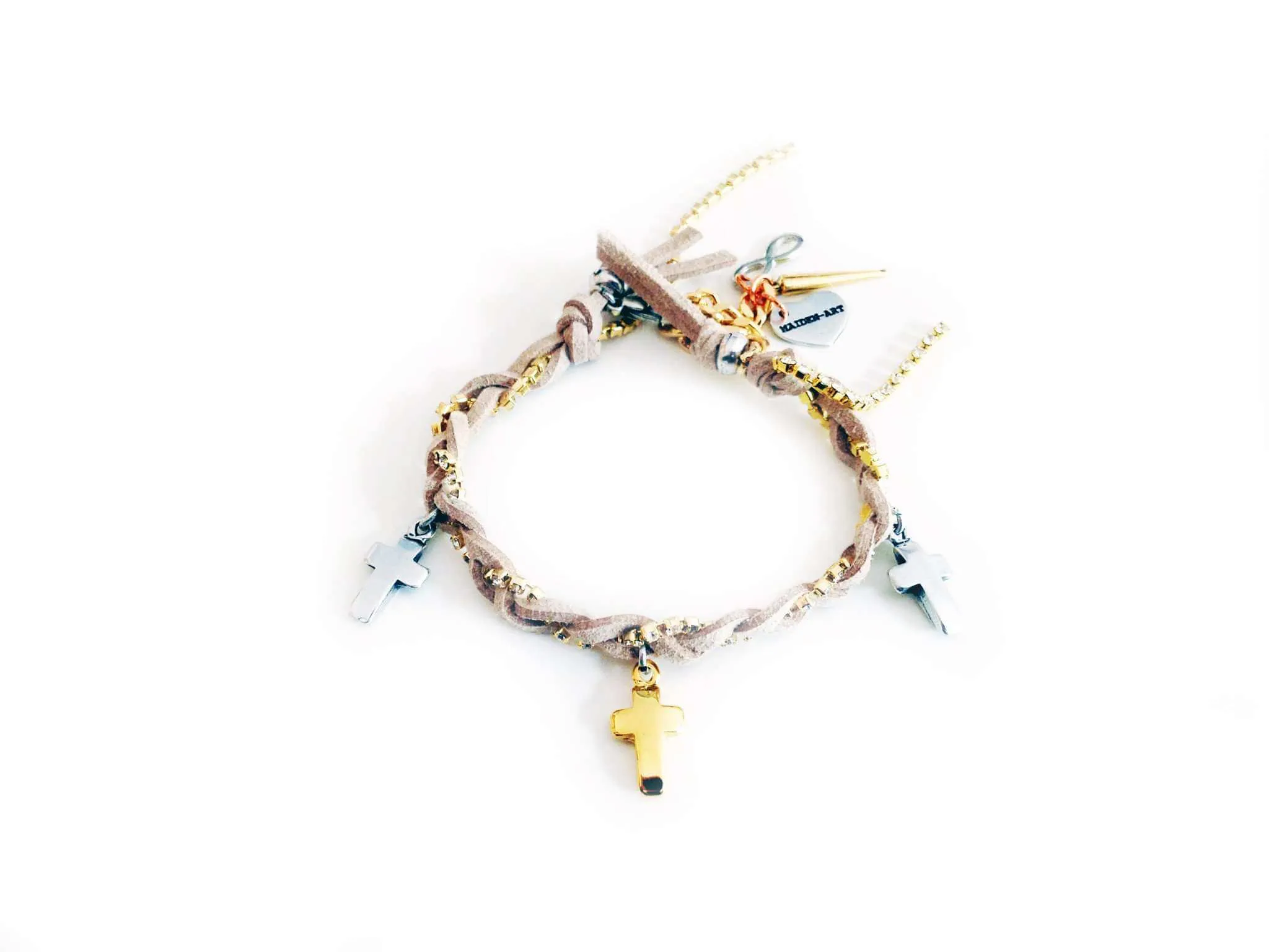 Friendship bracelet with golden crosses, colorful suede ribbons and rhinestones. Coachella bracelets, Boho chic bracelets, hippi