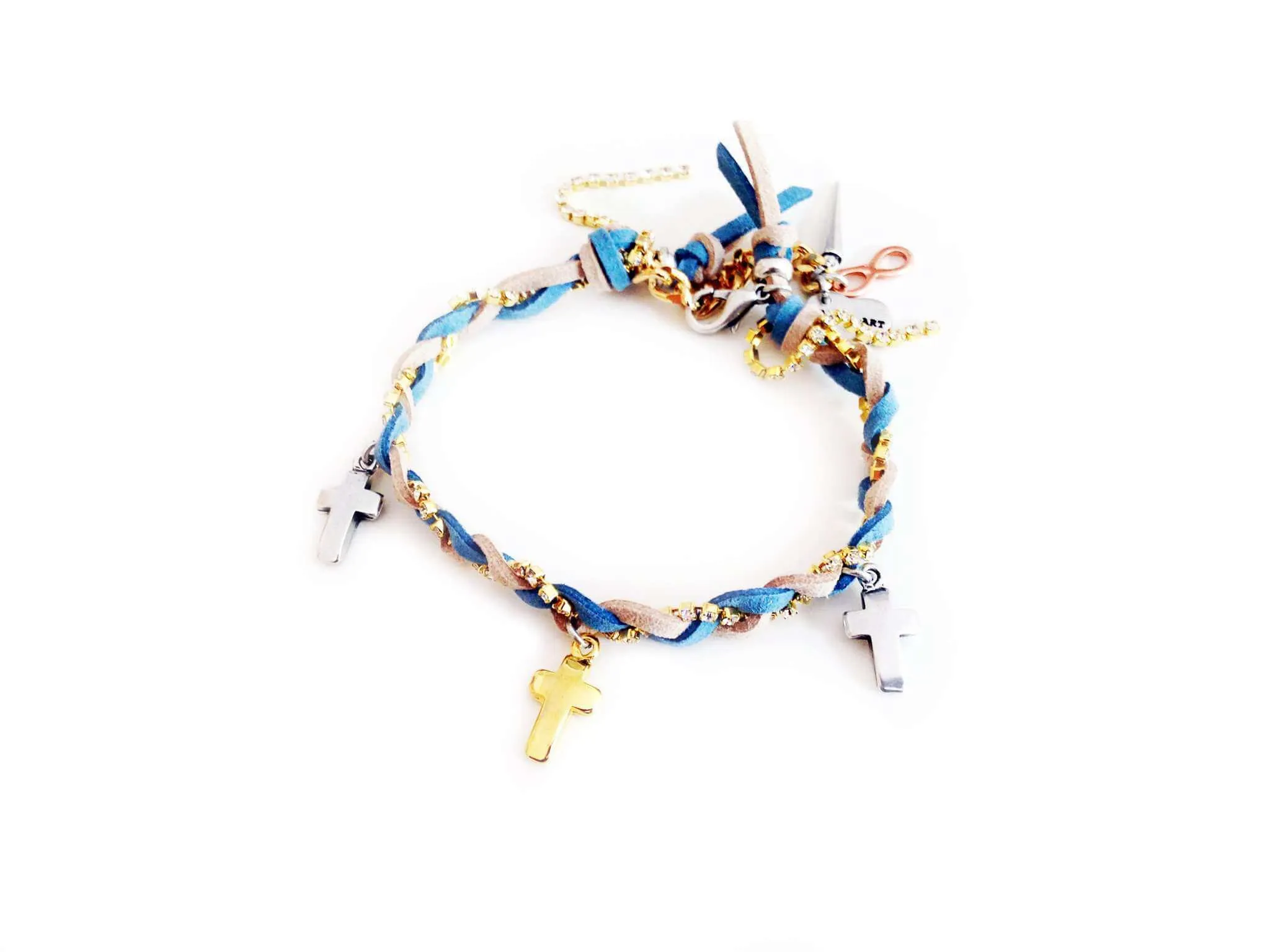 Friendship bracelet with golden crosses, colorful suede ribbons and rhinestones. Coachella bracelets, Boho chic bracelets, hippi