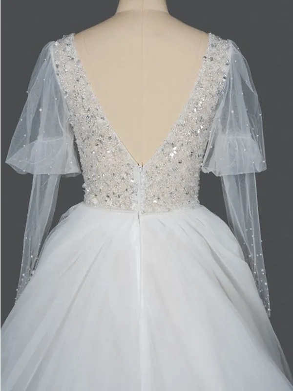 Gorgeous V-neck Shinny Sequins A-line Wedding Dress Sheer Sleeves, WD0437