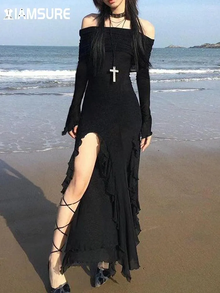 Gothic Elegant Fashion Dark Ruffles Split Long Dress